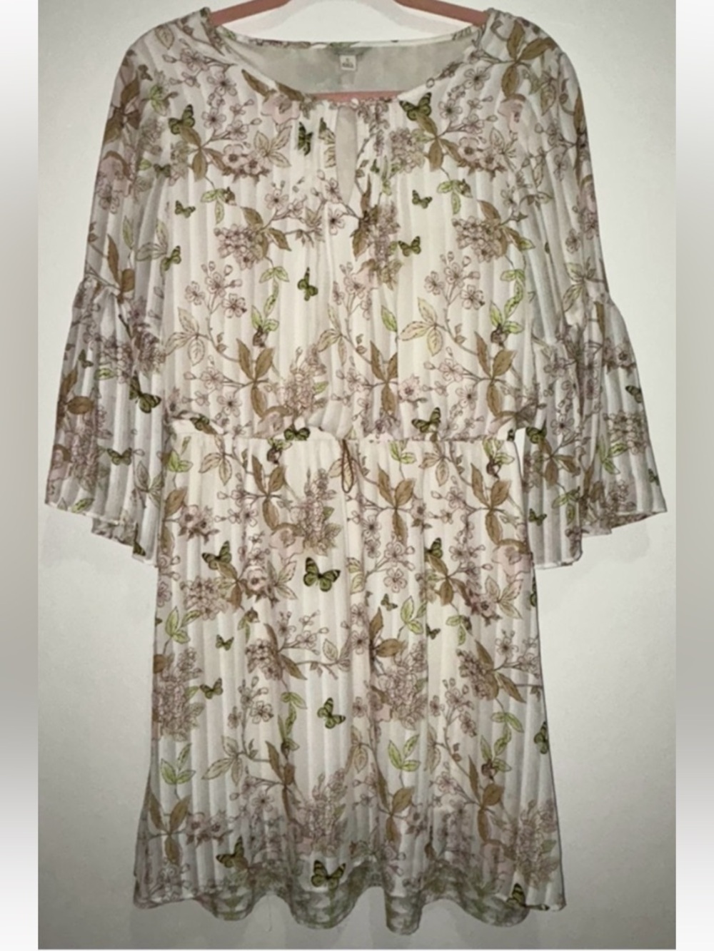 Floral Women's Dress Fairy Boho Feminine Bell Sleeves Pleated Skirt Butterfly S